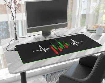 Trading Heartbeat Desk Mat with LED Light Strip around the Edging, Work From Home Office Gift, Day Trader / Crypto Trader