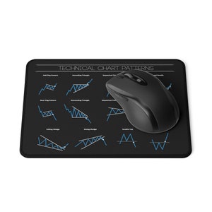 May include: Black rectangular mousepad with white text and blue chart patterns, including "TECHNICAL CHART PATTERNS". A black wireless mouse is on the right side of the mousepad. The mousepad is designed for computer use.