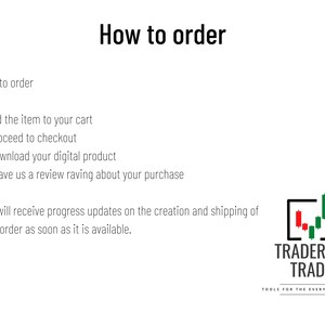 Może przedstawiać: Białe tło z czarnym tekstem z napisem "How to order". Instrukcje obejmują dodanie do koszyka, przejście do kasy, pobranie i recenzję. Logo Trader By Trade, z projektem wykresu świecowego, znajduje się w prawym dolnym rogu.