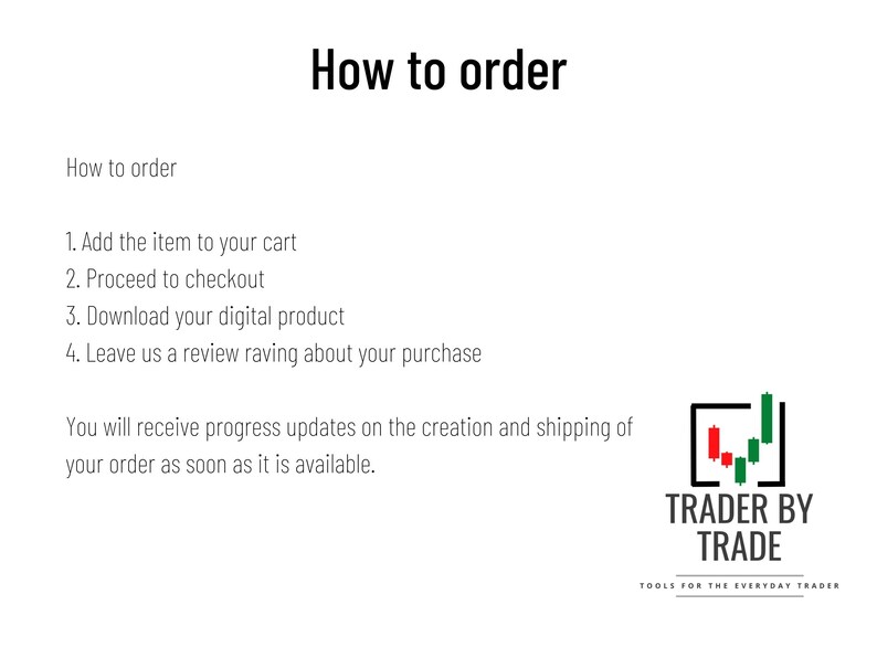 Może przedstawiać: Białe tło z czarnym tekstem z napisem "How to order". Instrukcje obejmują dodanie do koszyka, przejście do kasy, pobranie i recenzję. Logo Trader By Trade, z projektem wykresu świecowego, znajduje się w prawym dolnym rogu.