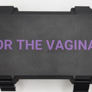 May include: A black rectangular case with the text "FOR THE VAGINA!" in purple. The case has a textured surface and black latches on the top and bottom.