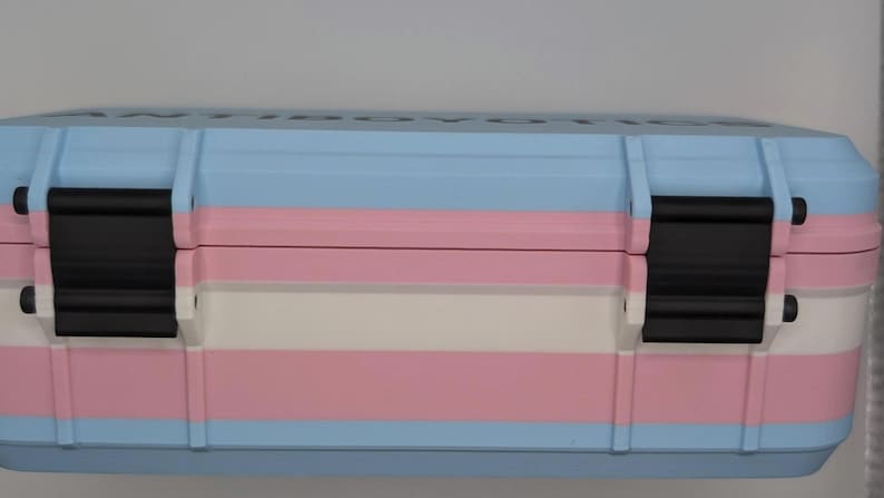 May include: A rectangular storage case with a light blue, pink, and white striped design. The case has two black latches and a sturdy, durable appearance. The color scheme resembles the transgender pride flag.