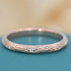 Antique rose gold wedding band Women art deco diamond ring Unique milgrain bridal ring Stacking matching ring Anniversary ring