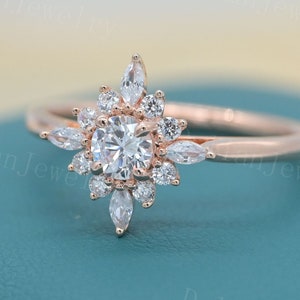 Round Moissanite Vintage Engagement Ring | Art Deco Ring White Gold Diamond Ring Wedding Ring Anniversary Commitment Unique Cluster Ring