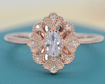 To My Daughter, Oval Moissanite Vintage Engagement RingSemi Eternity Milgrain Ring Promise Anniversary Ring ,Stackable Rings,June Birthstone