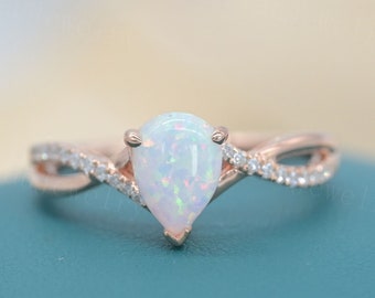 Pear Shaped Opal Engagement Ring, Vintage Unique Clustered Rose Gold Engagement Ring, Marquise Diamond Wedding, Bridal Art Deco Anniversary