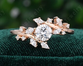 Moissnaite Engagement Ring Vintage Rose Gold Engagement Ring, Diamond Cluster Ring, Unique Leaf Wedding Bridal Ring Promise Anniversary Ring