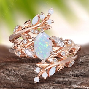 Vintage Hexagon Cut Opal Engagement Ring Set Nature Inspired Leaf Enhancer Opal Bridal Set Art Deco October Birthstone Anniversary Gift