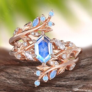 Unique Hexagon Cut Monstone Engagement Ring Set Rose Gold Cluster Moissanite Promise Ring Leaf Enhancer Moonstone Bridal Set June Birthstone