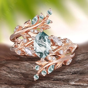 Antique Hexagon Cut Moss Agate Engagement Ring Set Rose Gold Cluster Moissanite Wedding Band Art Deco Moss Agate Bridal Set Anniversary Gift