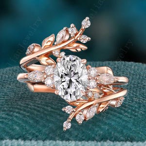 Art Deco Oval Cut Moissanite Engagement Ring Set Rose Gold Twig Leaf Enhance Moissanite Stacking Wedding Band Unique Moissanite Bridal Set