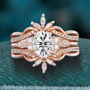 Vintage Oval Cut Moissanite Engagement Ring Set Rose Gold Enhance Moissanite Wedding Ring Art Deco Moissanite Bridal Set Anniversary Gift