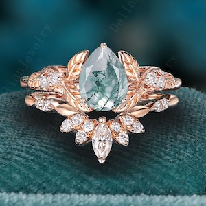 Pear Cut Moss Agate Engagement Ring Set Rose Gold Nature Inspired Cluster Promise Ring Art Deco Leaf Moss Agate Bridal Set Anniversary Gift