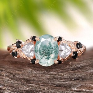 Vintage Oval Cut Moss Agate Engagement Ring Solid 14k Rose Gold Promise Ring Nature inspired Art Deco Leaf Ring Anniversary Gifts For Women