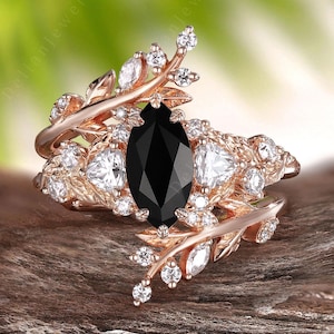 Vintage Black Onyx Engagement Ring Set 14K Rose Gold Moissanite Art Deco Wedding Ring Set Women&#39;s Leaf Enhanced Bridal Ring Anniversary Gift