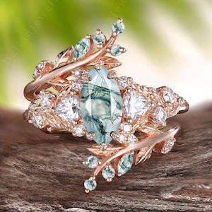 Vintage Marquise Cut Moss Agate Engagement Ring Set Rose Gold Moissanite Wedding Band Enhance Moss Agate Bridal Set Anniversary Gift