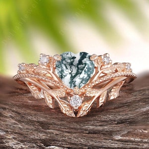 Unique Twig Heart Shaped Moss Agate Engagement Ring, Vintage Leaf Rose Gold Moissanite Engagement Ring, Promise Wedding Ring For Women Gift