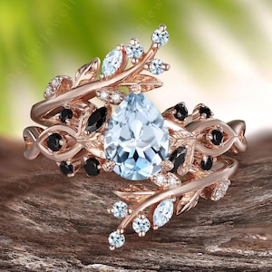 Pear Cut Aquamarine Engagement Ring Set Rose Gold Engagement Ring Leaf Enhance Aquamarine Bridal Set March Birthstone Anniversary Gift