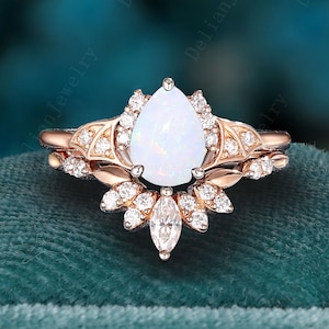 Pear Cut Opal Engagement Ring Set Vintage Rose Gold Opal Wedding Ring Set Art Deco Cluster Moissanite Opal Bridal Set Anniversary Gift