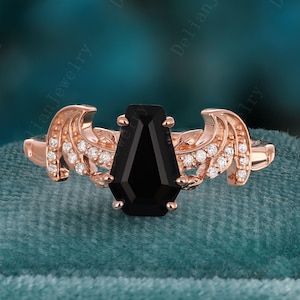 Unique Coffin Cut Black Onyx Engagement Ring Rose Gold Vampire Moissanite Promise Ring Vintage Black Onyx Wedding Ring Anniversary Gift