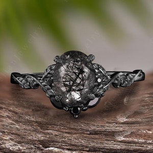 Gothic Black Rutilated Quartz Engagement Ring Unique Solid 14k Black Gold Leaf Ring Nature Inspired Art Deco Promise Ring Women Jewelry Gift