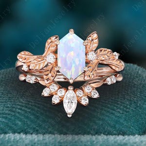 Vintage Hexagon Cut Opal Engagement Ring Set Rose Gold Twig Leaf Opal Wedding Ring Art Deco Moissanite Wedding Band Annivesary Gift