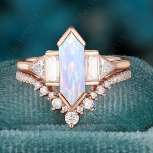 Unique Hexagon Cut Opal Engagement Ring Set Rose Gold Moissanite Wedding Band Art Deco Opal Bridal Set October Birthstone Anniversary Gift