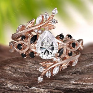 Unique Pear Cut Moissanite Engagement Ring Set Rose Gold Leaf Enhance Moissanite Stack Wedding Band Moissanite Bridal Set Anniversary Gift