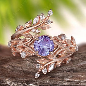 Unique Round Fireworks Cut Alexandrite Engagement Ring Set Rose Gold Engagement Ring Leaf Enhancer Moissanite Wedding Band June Birthstone