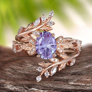 Unique Oval Fireworks Cut Alexandrite Engagement Ring Set Nature Inspired Leaf Moissanite Wedding Ring June Birthstone Ring Anniversary Gift