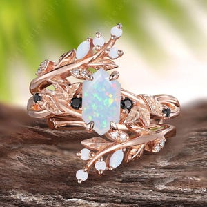 Vintage Hexagon Opal Floral Engagement Ring Set Rose Gold Opal Wedding Ring Set Leaf Moissanite Enhancer Wedding Band Rings For Women Gift