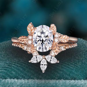 Unique Oval Cut Moissanite Engagement Ring Set Art Deco Moissanite Wedding Band Rose Gold Leaf Vine Moissanite Bridal Set Promise Gift
