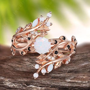 Vintage Hexagon Cut Opal Engagement Ring Set Rose Gold Wedding Ring Twig Leaf Enhance Opal Bridal Set October Birthstone Anniversary Gift