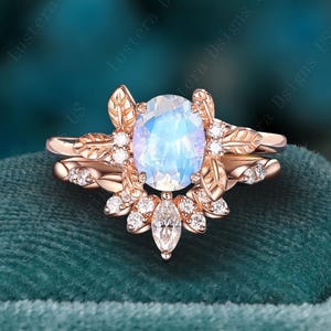Oval Cut Moonstone Engagement Ring Set Unique 14K Rose Gold Promise Ring Art Deco Leaf Branch Ring June Birthstone Ring Anniversary Gift