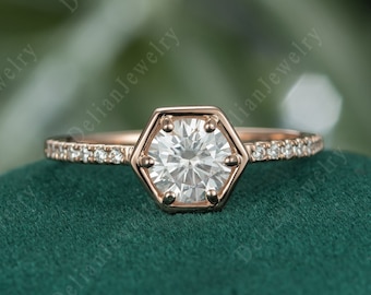 Round Moissanite Engagement Ring, Art Deco Diamond Wedding Ring Bridal Ring Set- Promise Ring- Anniversary Gift- Gift For HerJune Birthstone