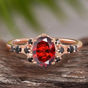 Dainty Oval Cut Garnet Engagement Ring Unique Art Deco Black Onyx Wedding Ring Vintage 14K Rose Gold Garnet Bridal Ring Anniversary Gift