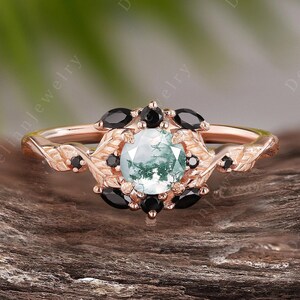 Art Deco Round Cut Moss Agate Engagement Ring Vintage Rose Gold Cluster Black Oyxn Bridal Ring Dainty Moss Agate Bridal Set Anniversary Gift
