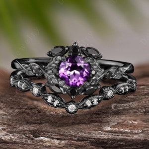Vintage Round Cut Amethyst Engagement Ring Set Black Gold Art Deco Cluster Leaf Wedding Ring Set Nature Inspired Bridal Set Christmas Gift