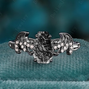 Vintage Gothic Coffin Cut Rutiliated Quartz Engagement Ring Black Gold Vampire Bat Moissanite Ring 14K Wedding Ring Anniversary Gift