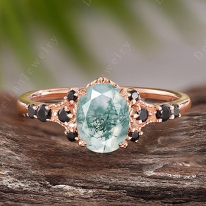Dainty Oval Cut Moss Agate Engagement Ring Rose Gold Engagement Ring Art Deco Moss Agate Bridal Ring Green Gemstone Ring Anniversary Gift