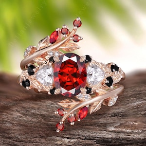 Vintage Oval Cut Rot Granat Verlobungsring Set Rose Gold verbessern Granat Hochzeit Ring Art Deco Red Granat Braut Set Januar Birthstone