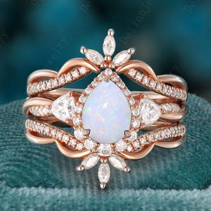 Unique Pear Opal Engagement Ring Set Rose Gold Opal Ring Set Marquise Moissanite Enhance Wedding Band Vintage Bridal Set October Birthstone