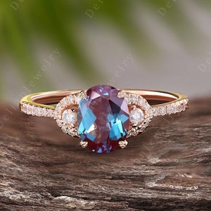 Oval Cut Alexandrite Engagement Ring, 14k Rose Gold Moissanite Wedding Ring Unique Alexandrite Bridal Ring June Birthstone Anniversary Gift