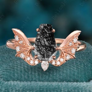 Vintage Coffin Cut Black Rutilated Quartz Engagement Ring Unique Rose Gold Bat Wing Ring Art Deco Moissanite Promise Ring Anniversary Gift