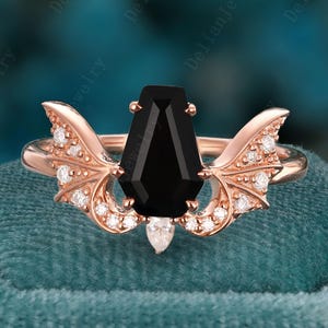 Vintage Coffin Cut Black Onyx Engagement Ring Rose Gold Bat Wing Design Black Onyx Ring Unique Diamond Bridal Wedding Ring Anniversary Gift