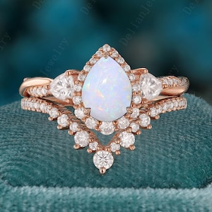 Vintage White Opal Halo Engagement Ring Set vintage Opal Diamond Bridal Promise Ring Set Round Cut Diamond Wedding Set Ocotober Birthstone