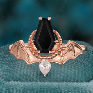Vintage Coffin Cut Black Onyx Engagement Ring Art Deco Rose Gold Bat Wing Promise Ring Unique Moissanite Wedding Ring Anniversary Gift