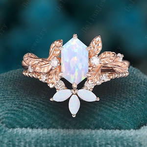 Vintage Hexagon Cut Opal Engagement Ring Set Rose Gold Twig Leaf Opal Curved Wedding Band Art Deco Opal Bridal Set October Birthstone Gift