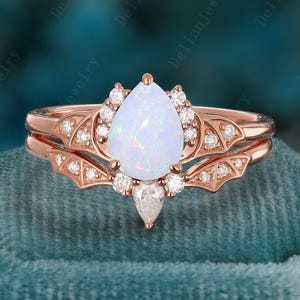 Unique Pear Cut Opal Engagement Ring Set Rose Gold Engagement Ring Art Deco Opal Bridal Ring Set October Birthstone Anniversary Gift