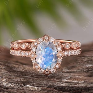 Vintage Oval Cut Moonstone Engagement Ring Set Rose Gold Halo Wedding Ring Art Deco Moonstone Bridal Set June Birthstone Anniversary Gift